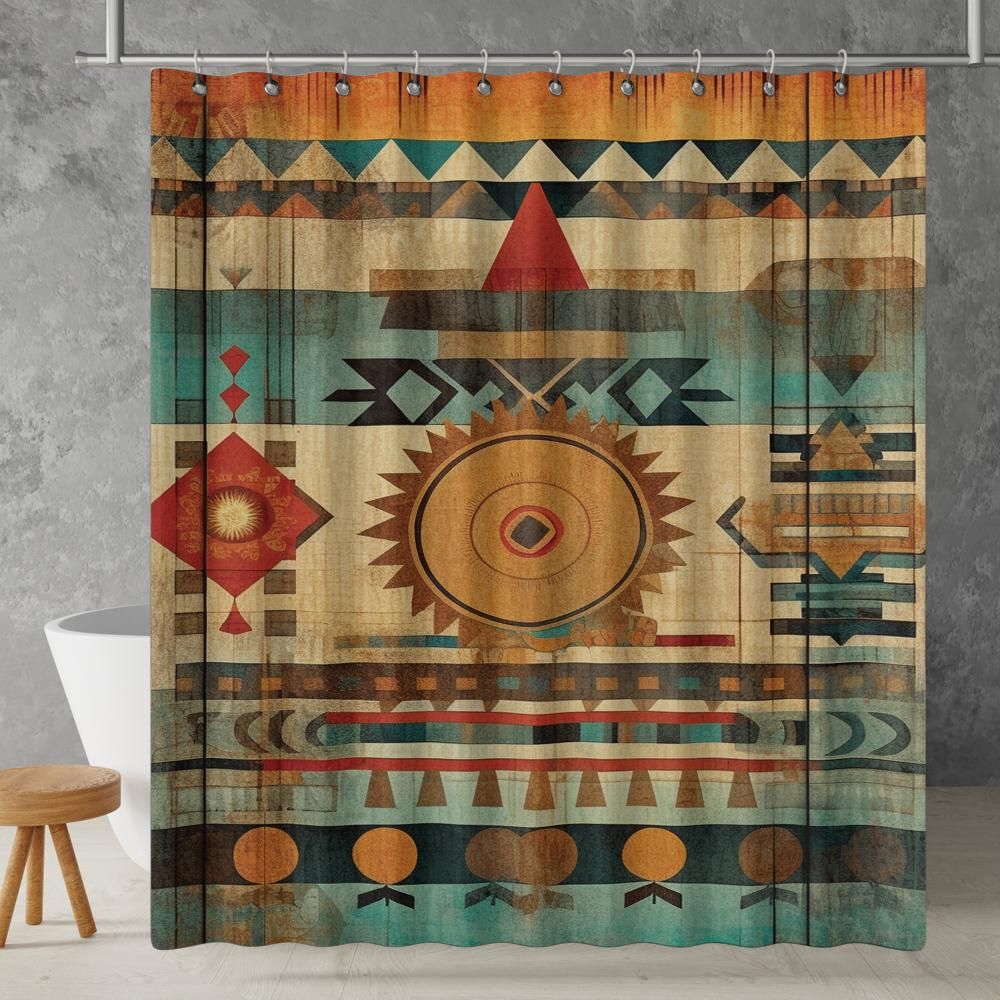 Aztec Western Shower Curtain Colorful Boho Abstract Grunge Geometric Pattern, Lightweight 100% Polyester, Water and Mildew Resistant, Multiple sizes with Hooks