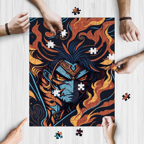 Anime Demon Hunter wooden jigsaw puzzle being assembled on a table