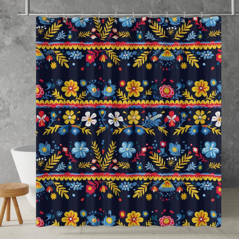 Mexican Traditional Floral Art Shower Curtain | Lightweight 100% Polyester, Water and Mildew Resistant, Multiple sizes with Hooks