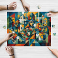 Abstract Portrait wooden jigsaw puzzle being assembled on a table