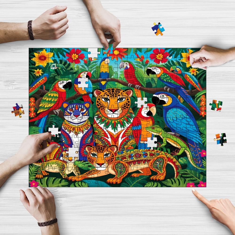 Hispanic Heritage Wildlife wooden jigsaw puzzle being assembled on a table