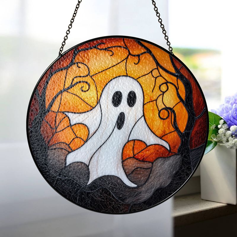 Halloween Stained Glass Suncatcher Collection | Decorative Window Hanging | Multiple Sizes | Holiday Decor Accents | White Ghost