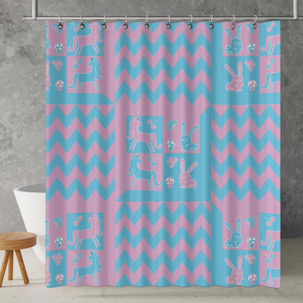 Checkered Blue Pink Shower curtain. Unicorn Rabbit Neon Punk, Vibrant Geometric Colorful Kids bathroom, Machine Washable, Polyester, Water and Mildew Resistant, Multiple sizes with Hooks