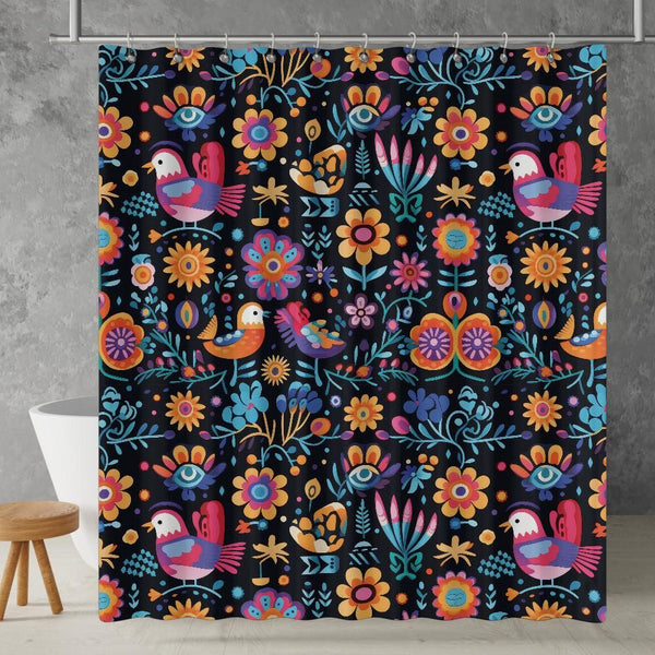 Mexican Colors Folk Art Shower Curtain | Lightweight 100% Polyester, Water and Mildew Resistant, Multiple sizes with Hooks