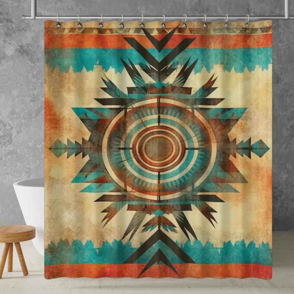 Aztec Shower Curtain Western Boho Grunge Geometric Colorful Abstract Pattern, Lightweight 100% Polyester, Water and Mildew Resistant, Multiple sizes with Hooks
