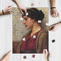 Vintage Woman Portrait wooden jigsaw puzzle being assembled on a table