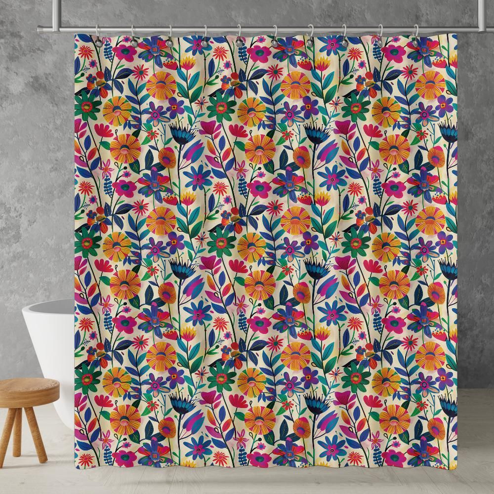 colorful garden shower curtain in a bathroom setting
