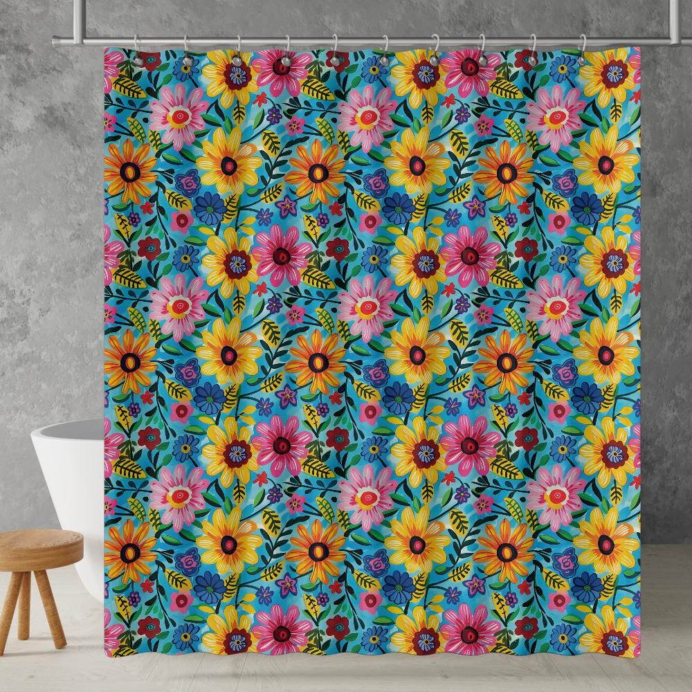 turquoise floral shower curtain in a bathroom setting