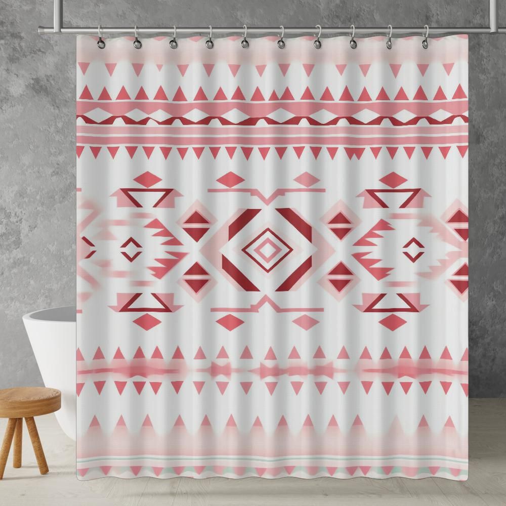 Aztec Pastel Pink White Shower Curtain South Western Abstract Geometric Pattern, Lightweight 100% Polyester, Water and Mildew Resistant, Multiple sizes with Hooks