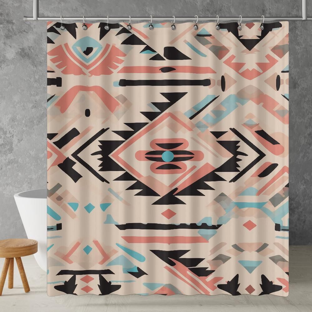 Aztec Pastel Pink Pastel Shower Curtain South Western Abstract Geometric Pattern, Lightweight 100% Polyester, Water and Mildew Resistant, Multiple sizes with Hooks