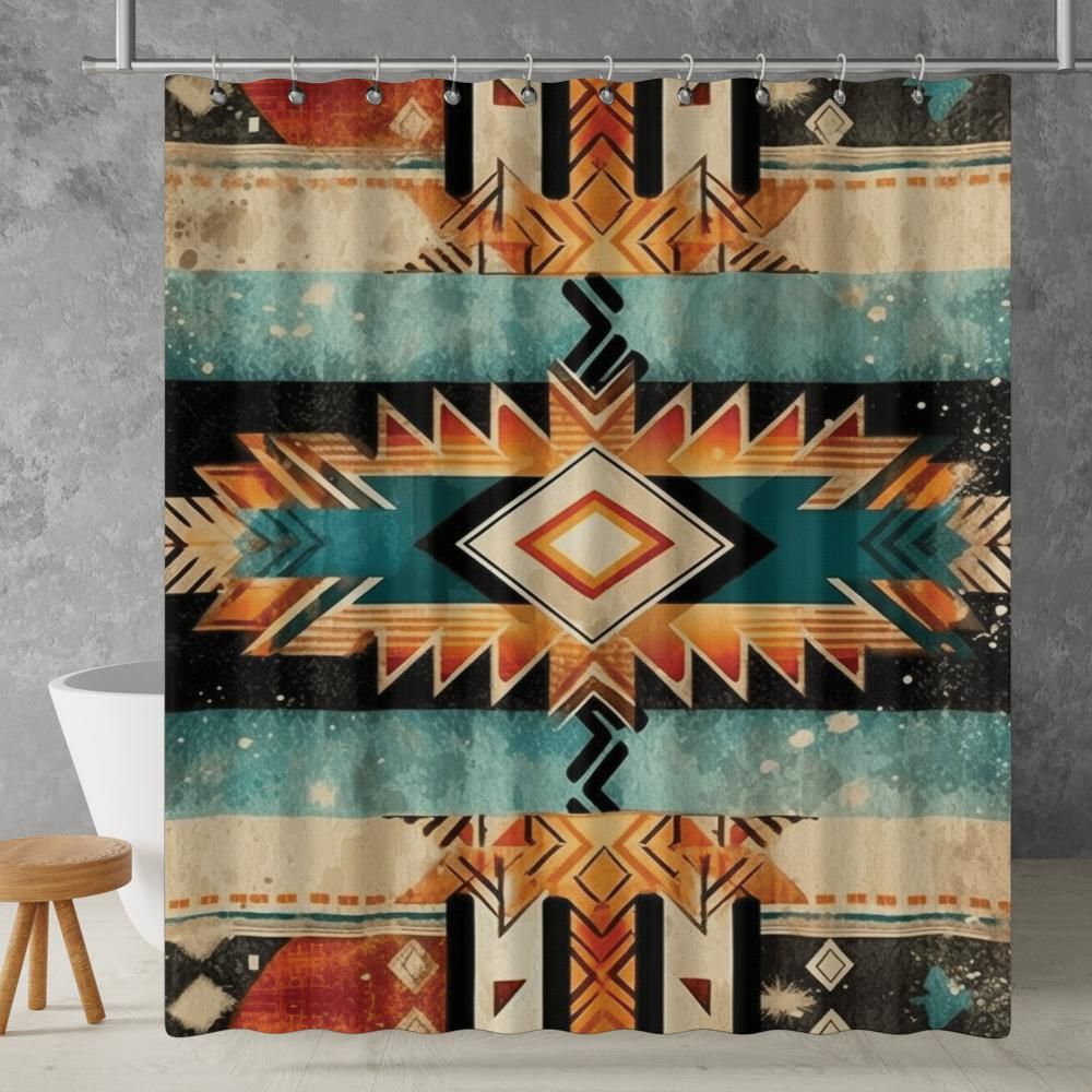 Aztec Western Shower Curtain Boho Grunge Geometric Abstract Colorful Pattern, Lightweight 100% Polyester, Water and Mildew Resistant, Multiple sizes with Hooks