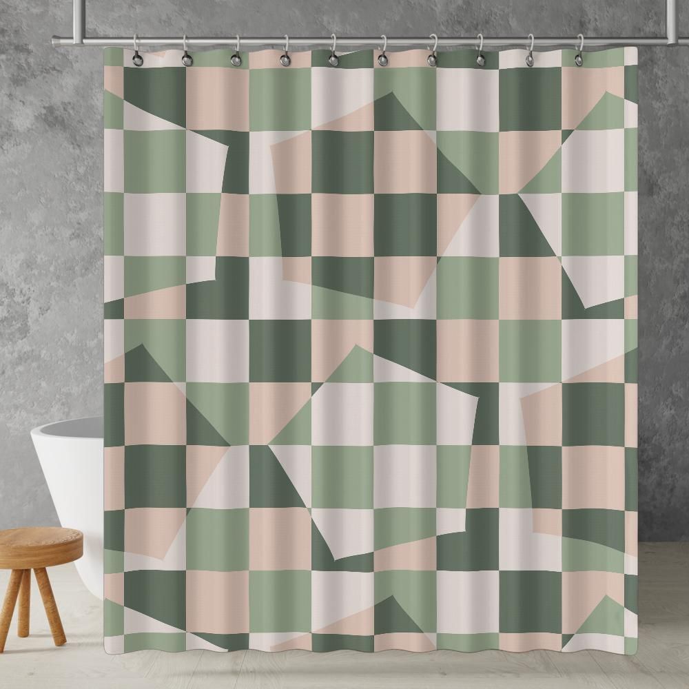 sage green checkered retro geometric shower curtain – pattern view