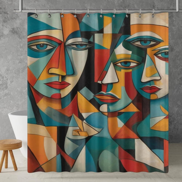 Abstract Cubism Faces Shower Curtain | Lightweight 100% Polyester, Water and Mildew Resistant, Multiple sizes with Hooks