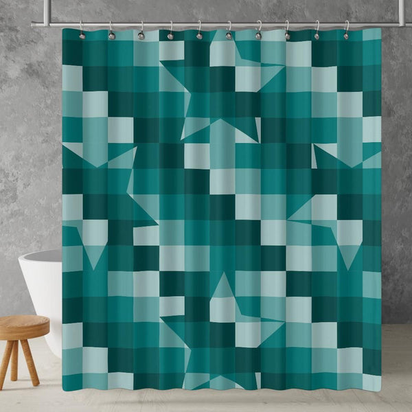Checkered Shower Curtain: Teal Green Elegant Aesthetic, Geometric Stars Minimalist, Machine Washable Lightweight Polyester, Water & Mildew Resistant, Multiple Sizes with Hooks