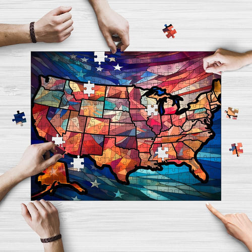 50 States of America Stained Glass wooden jigsaw puzzle being assembled on a table