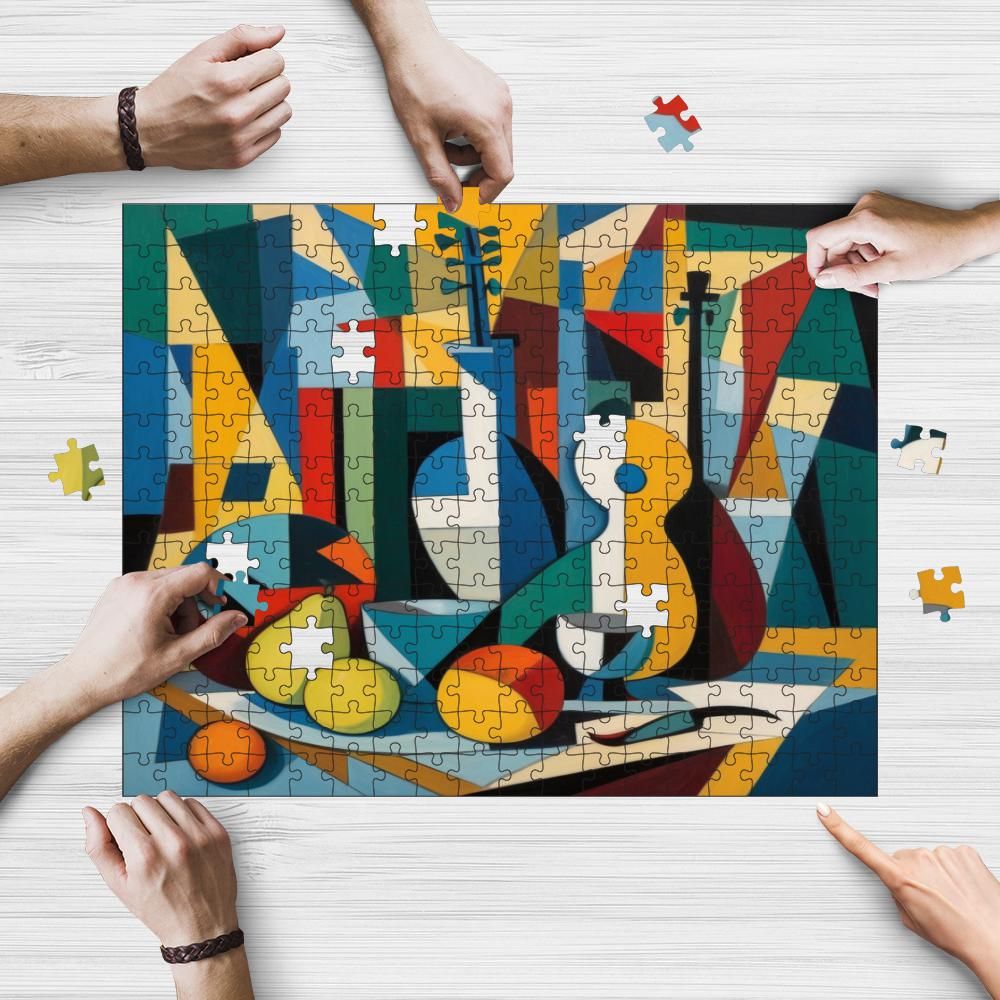 Abstract Cubism wooden jigsaw puzzle being assembled on a table