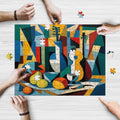 Abstract Cubism wooden jigsaw puzzle being assembled on a table