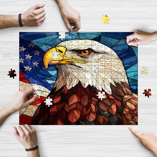 American Bald Eagle Stained Glass wooden jigsaw puzzle being assembled on a table