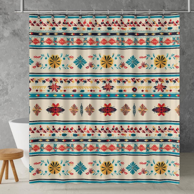 Traditional Mexican Geometric Art Shower Curtain | Lightweight 100% Polyester, Water and Mildew Resistant, Multiple sizes with Hooks