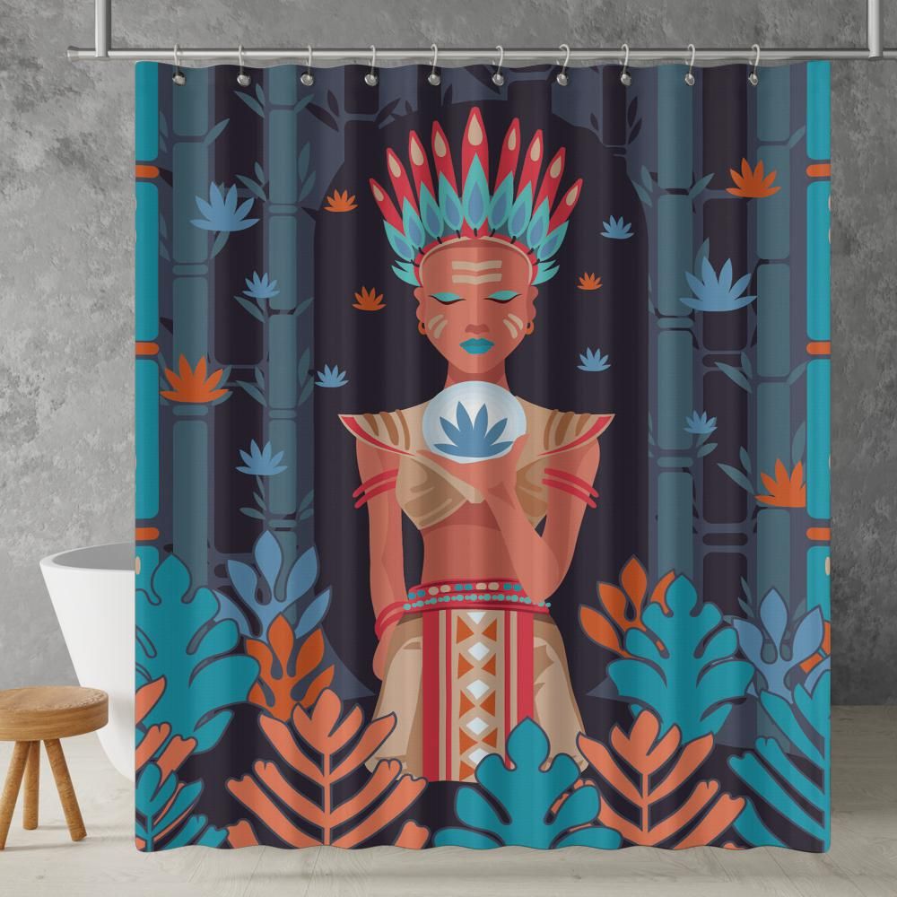 boho woman portrait shower curtain styled bathroom display