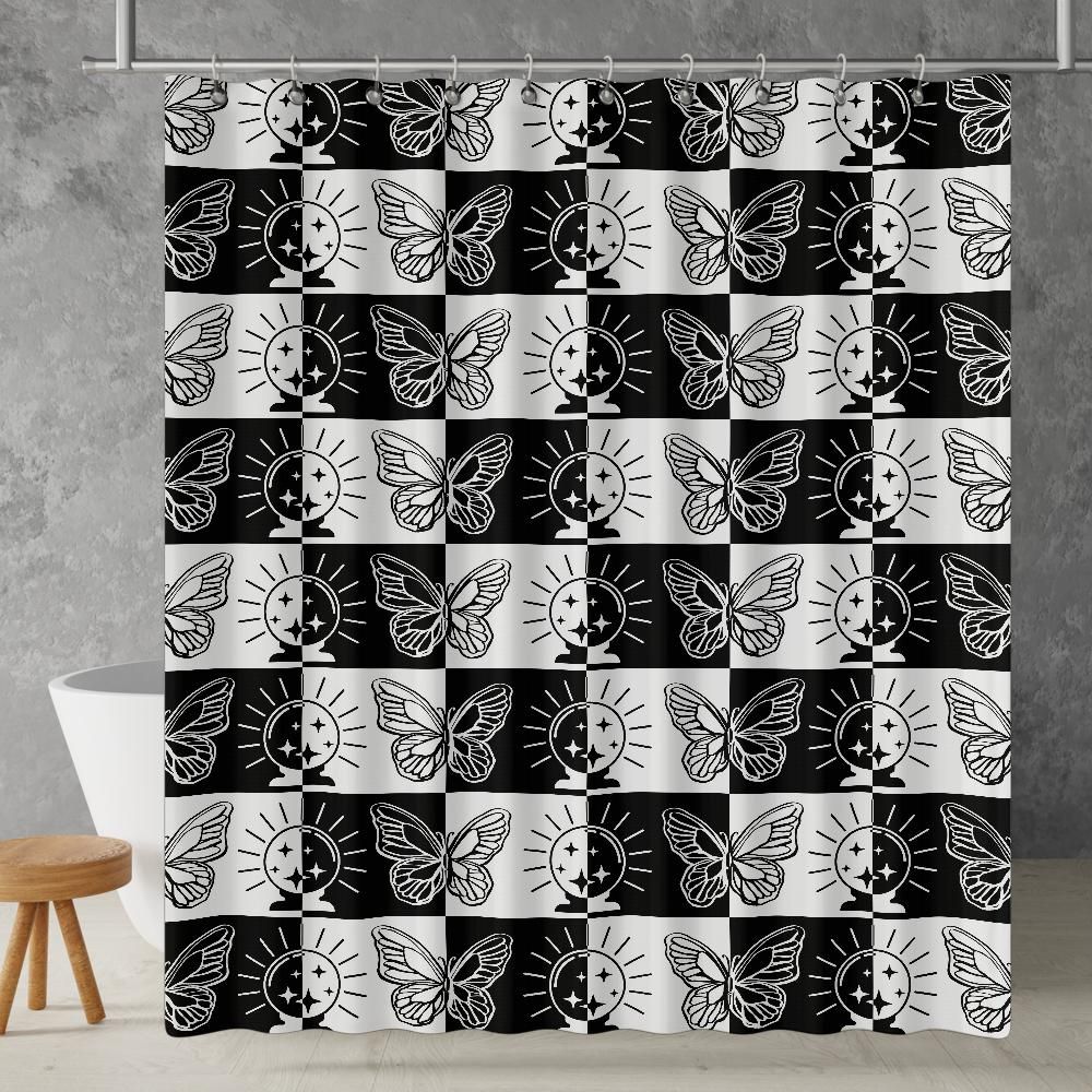 Checkered Shower Curtain: Goth Boho Geometric Black & White Minimalist Vintage Aesthetic, Machine Washable, Lightweight Polyester, Water & Mildew Resistant, Multiple Sizes with Hooks
