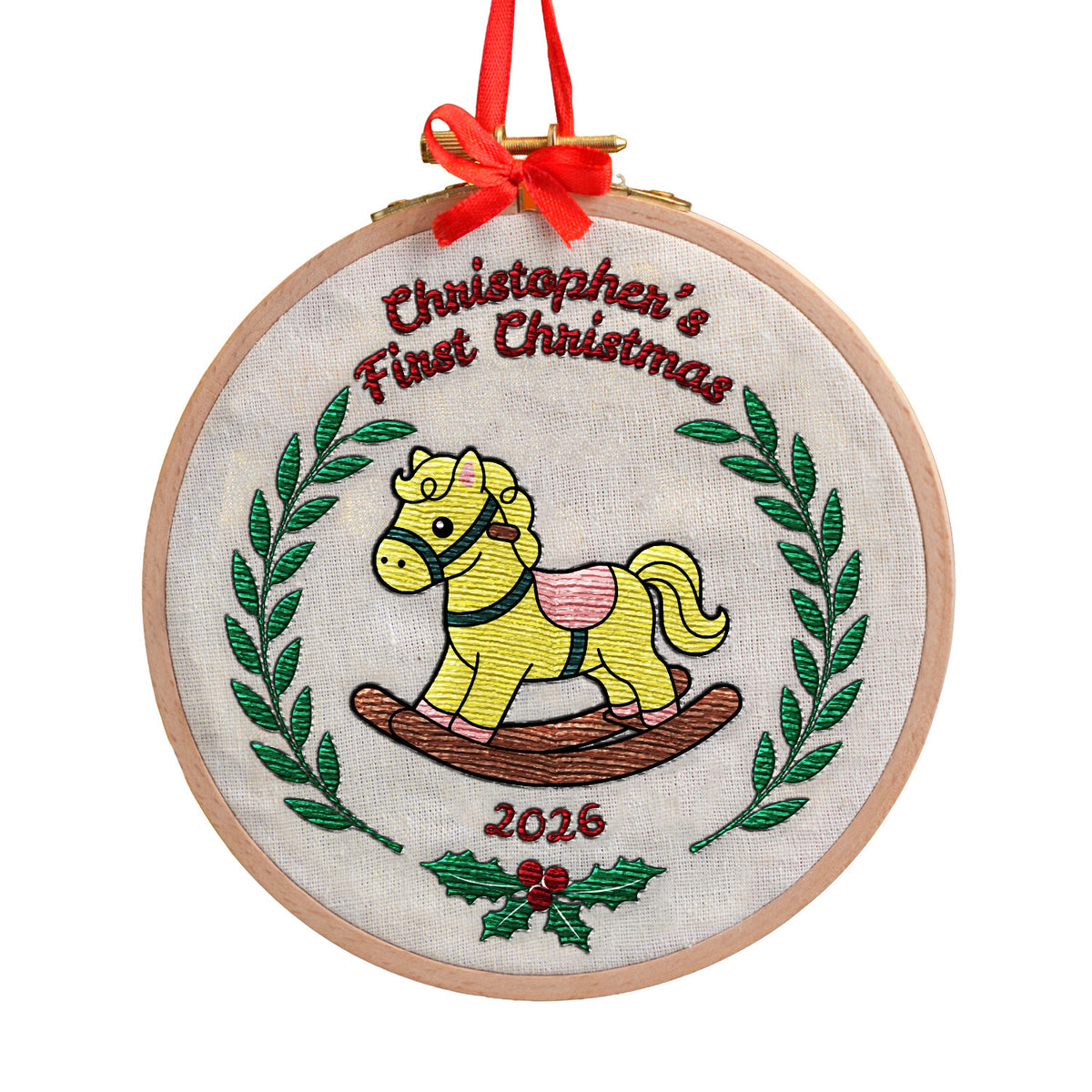 Personalized first Christmas embroidered hoop ornament featuring vintage rocking horse and green laurel wreath on white background