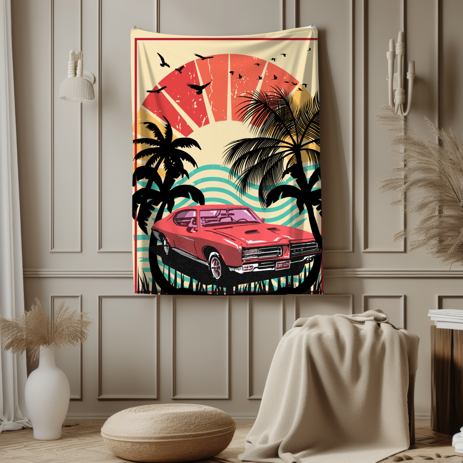 Grandparent day gift for Gramps | Cozy Sherpa Fleece Blanket for Pawpaw | Cool gift for Grandpa who has everything | Sunset Vintage Car