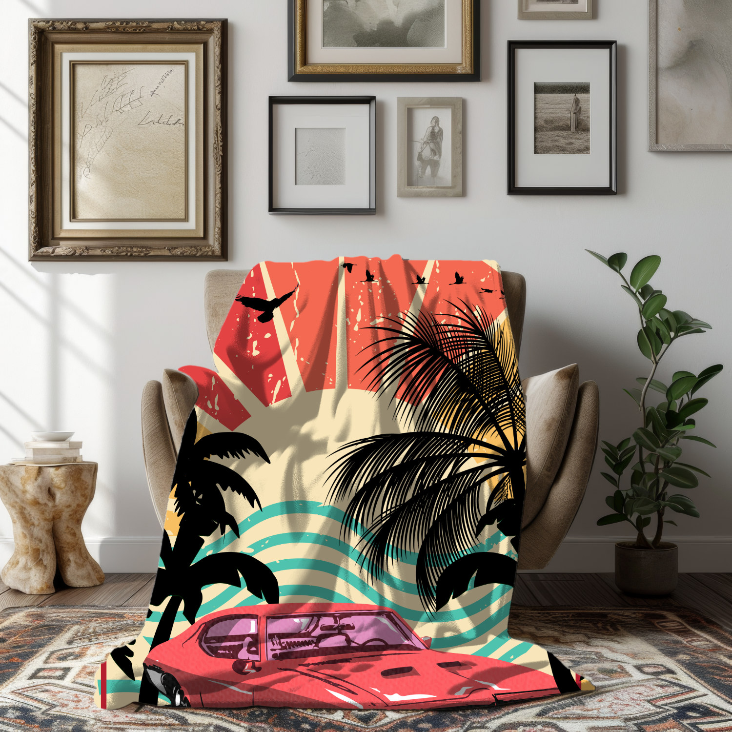 Grandparent day gift for Gramps | Cozy Sherpa Fleece Blanket for Pawpaw | Cool gift for Grandpa who has everything | Sunset Vintage Car