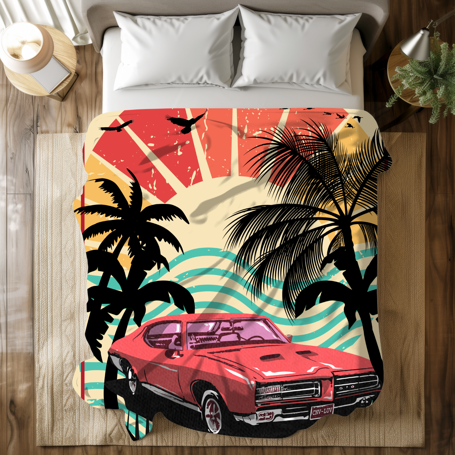 Grandparent day gift for Gramps | Cozy Sherpa Fleece Blanket for Pawpaw | Cool gift for Grandpa who has everything | Sunset Vintage Car