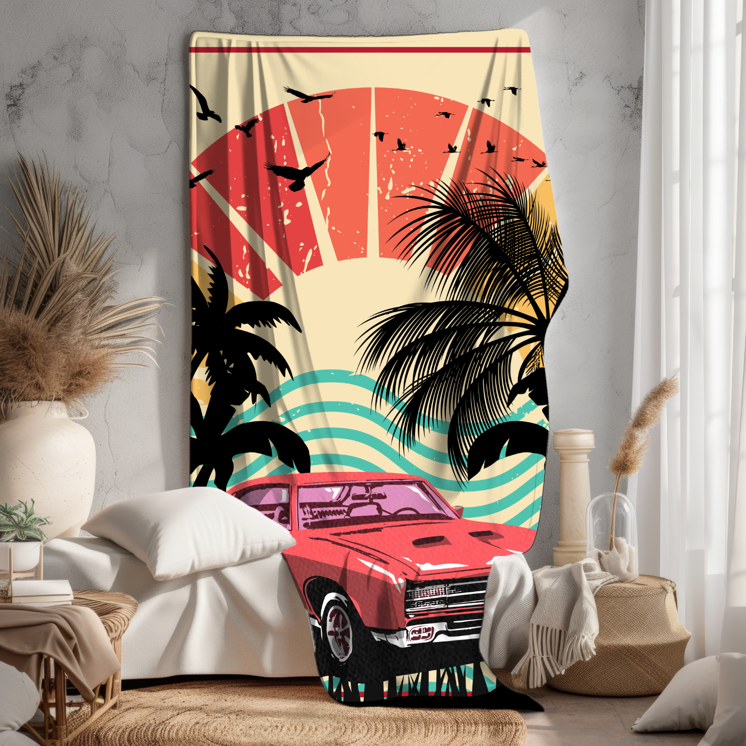 Grandparent day gift for Gramps | Cozy Sherpa Fleece Blanket for Pawpaw | Cool gift for Grandpa who has everything | Sunset Vintage Car