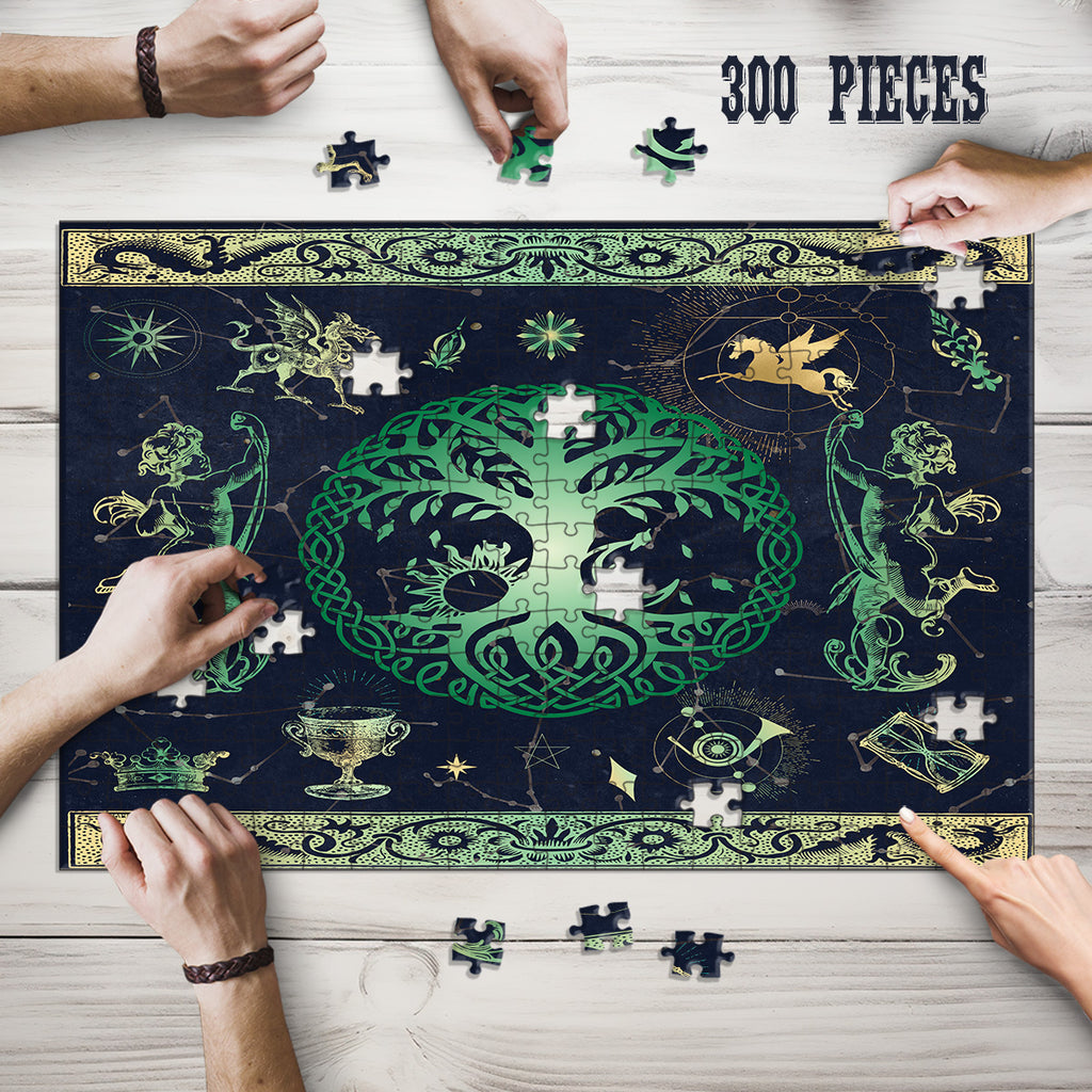 Hands assembling the 300-piece Mystical Tree of Life wooden jigsaw puzzle
