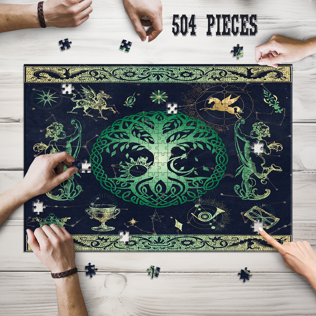 Hands assembling the 504-piece Mystical Tree of Life wooden jigsaw puzzle