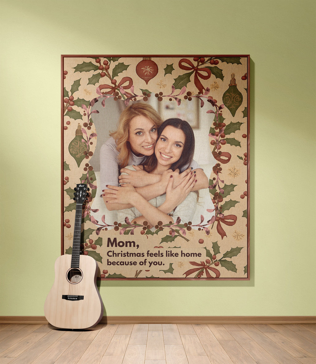 Personalized Christmas photo tapestry for Mom displayed on a wall