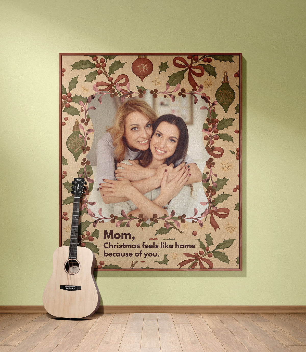Personalized Christmas photo tapestry for Mom displayed on a wall