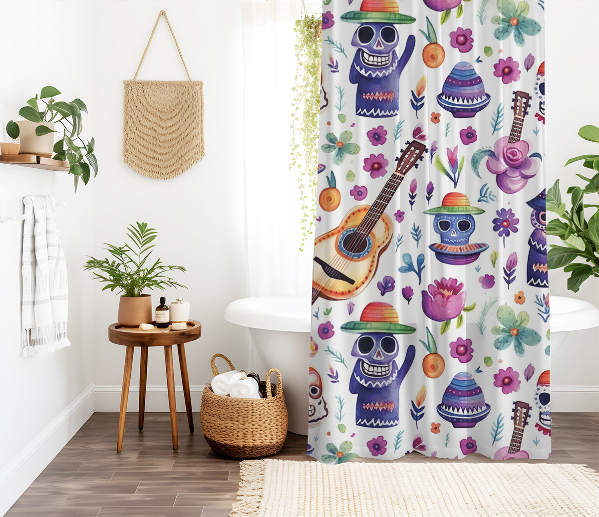 watercolor skull shower curtain full pattern view