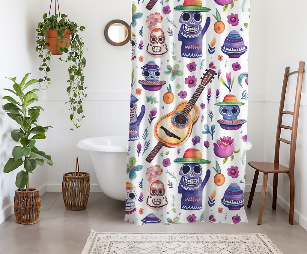 watercolor skull shower curtain fabric and design detail