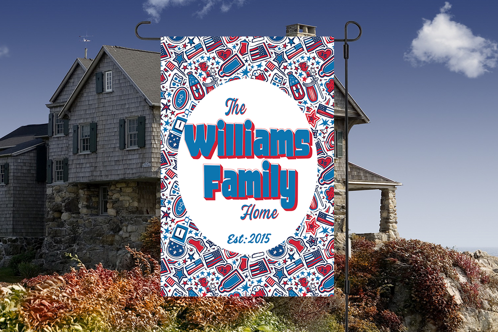 Custom HOUSE FLAGS | Welcome Garden Flag | Personalized Name | Double-Sided, UV Resistant Polyester | Patriotic Red and Blue