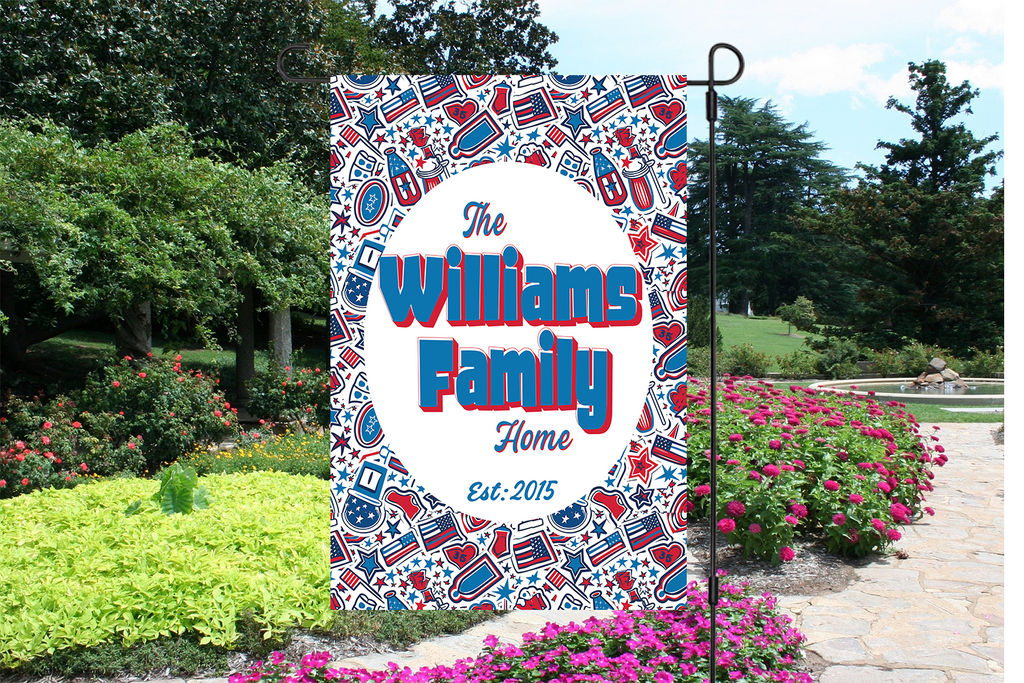 Custom HOUSE FLAGS | Welcome Garden Flag | Personalized Name | Double-Sided, UV Resistant Polyester | Patriotic Red and Blue