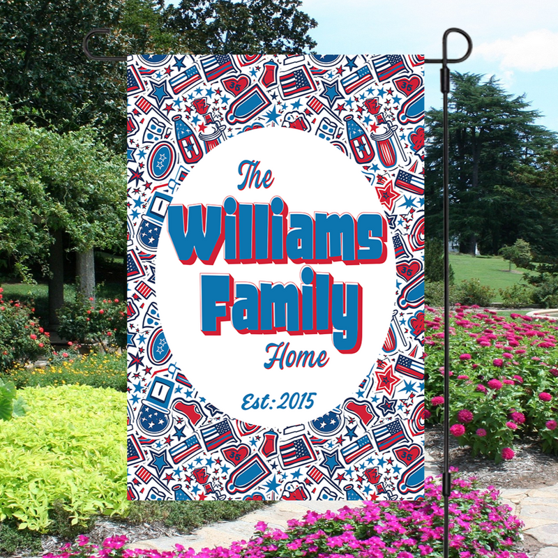 Custom Patriotic House Flag: Personalized Family Last Name Est. Year Garden Sign - UV Resistant Polyester, Double Sided- Various Sizes - Outdoor Decoration