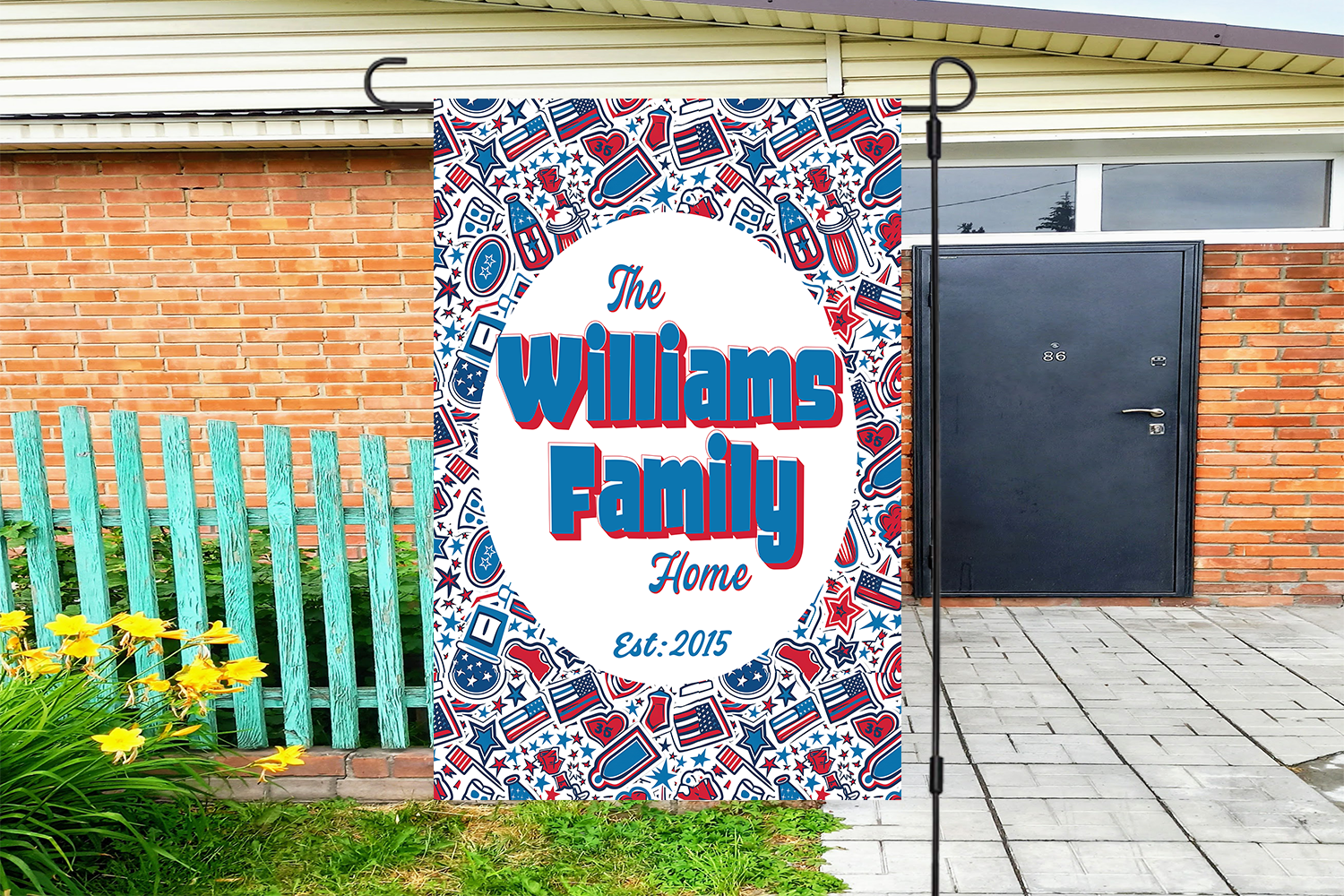 Custom GARDEN FLAGS | Welcome House Flag | Personalized Name | Double-Sided, UV Resistant Polyester | Patriotic Red and Blue