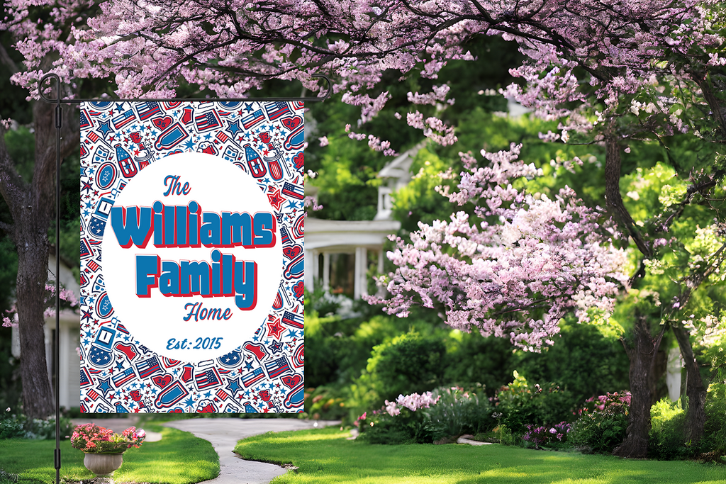 Custom HOUSE FLAGS | Welcome Garden Flag | Personalized Name | Double-Sided, UV Resistant Polyester | Patriotic Red and Blue