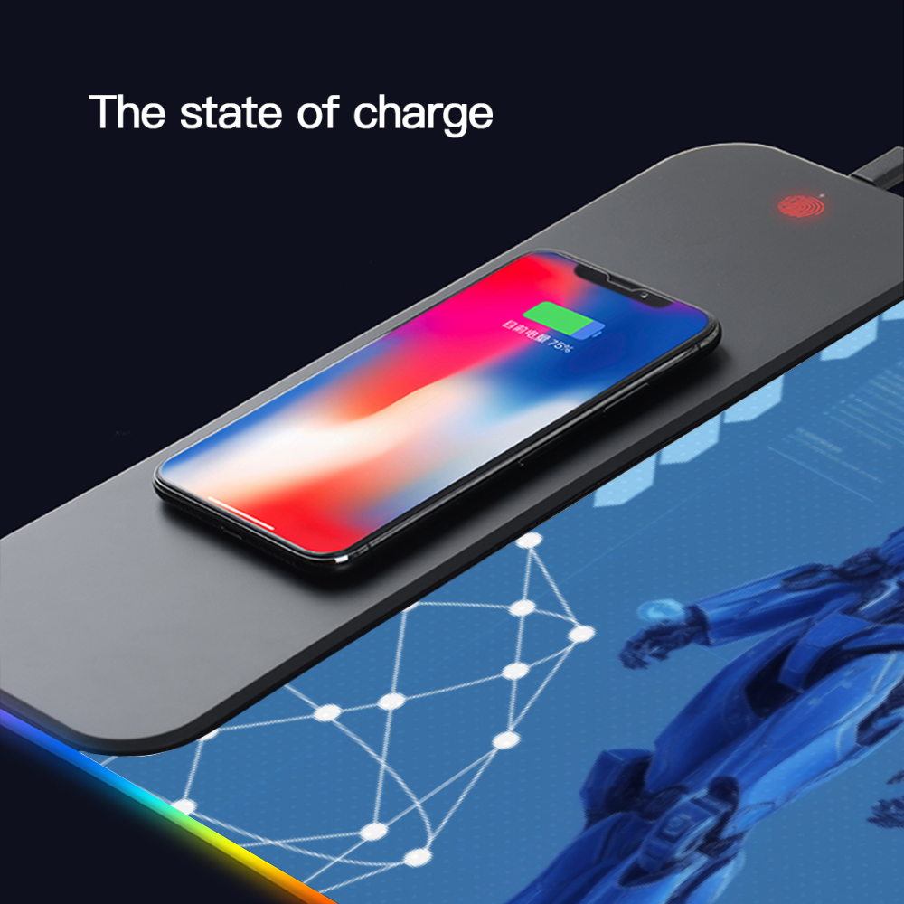 Wireless Charging Mouse Pad with RGB lighting-Waterproof-Oversized-Printed- Cyber Blueprint Mecha