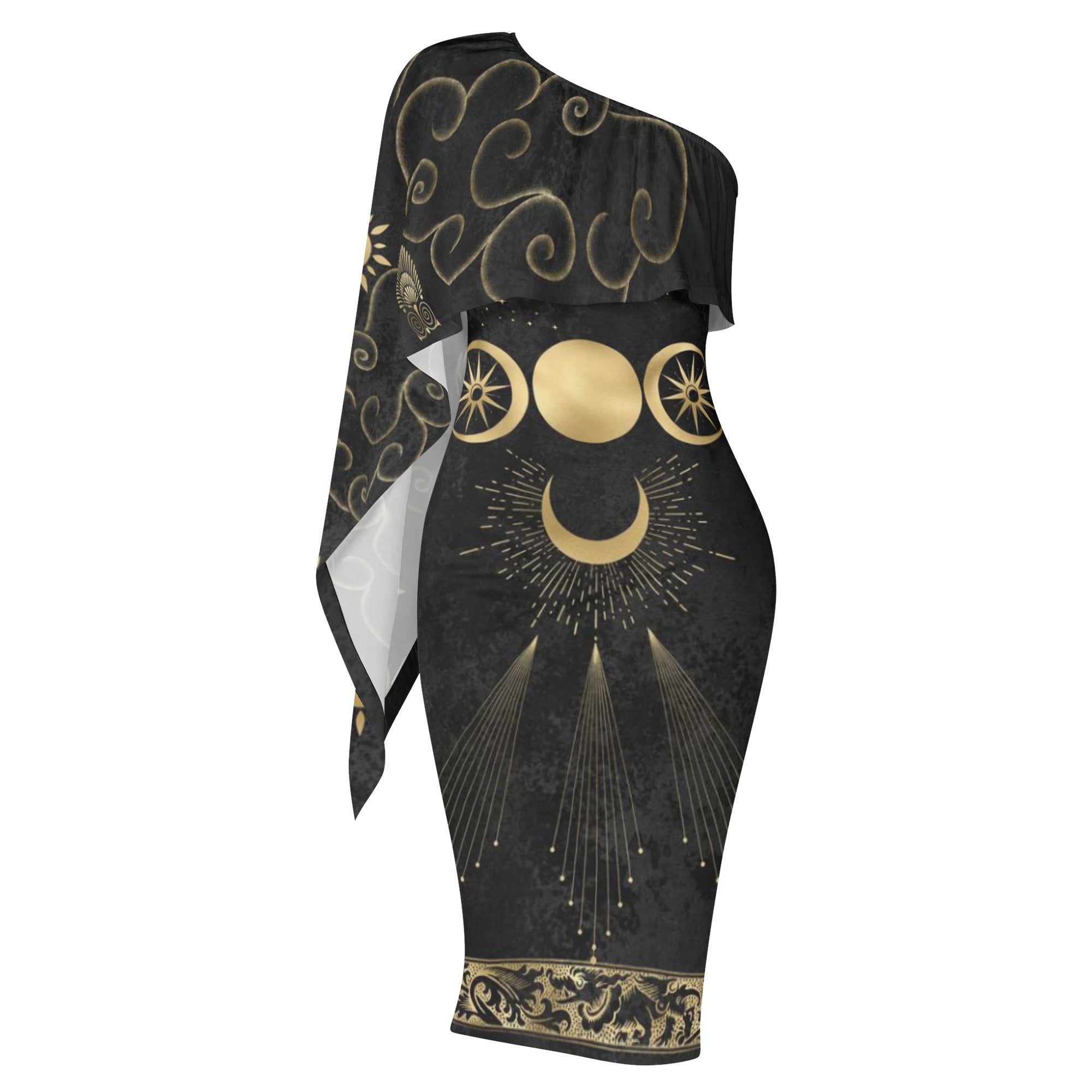 One-Shoulder Midi-Knee Length-Bodycon-Sheath-Plus-Petite size-Cocktail-Wedding Guest-Black Gold Fantasy ElysiaBliss One-Shoulder Midi-Knee Length-Bodycon-Sheath-Plus-Petite size-Cocktail-Wedding Guest-Black Gold Fantasy ElysiaBliss