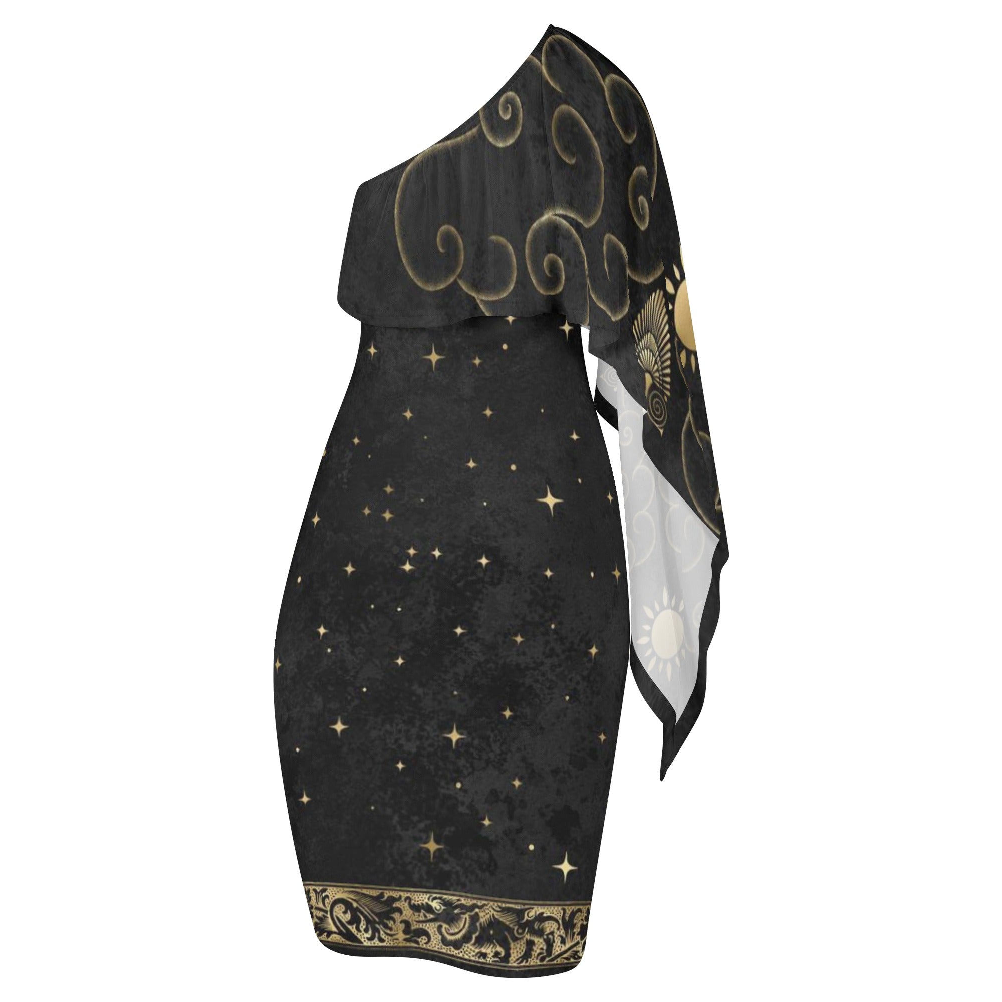 One-Shoulder Midi-Knee Length-Bodycon-Sheath-Plus-Petite size-Cocktail-Wedding Guest-Black Gold Fantasy ElysiaBliss One-Shoulder Midi-Knee Length-Bodycon-Sheath-Plus-Petite size-Cocktail-Wedding Guest-Black Gold Fantasy ElysiaBliss