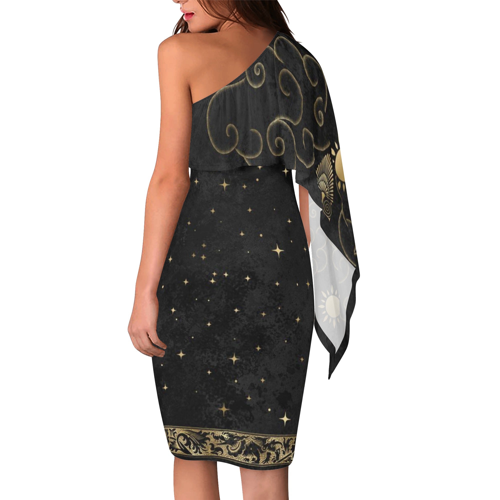 One-Shoulder Midi-Knee Length-Bodycon-Sheath-Plus-Petite size-Cocktail-Wedding Guest-Black Gold Fantasy ElysiaBliss One-Shoulder Midi-Knee Length-Bodycon-Sheath-Plus-Petite size-Cocktail-Wedding Guest-Black Gold Fantasy ElysiaBliss