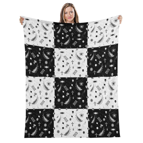 Stay Warm and Stylish: Flannel Blankets-Dark Academia Gothic style- Halloween themed Black and White cozy blanket
