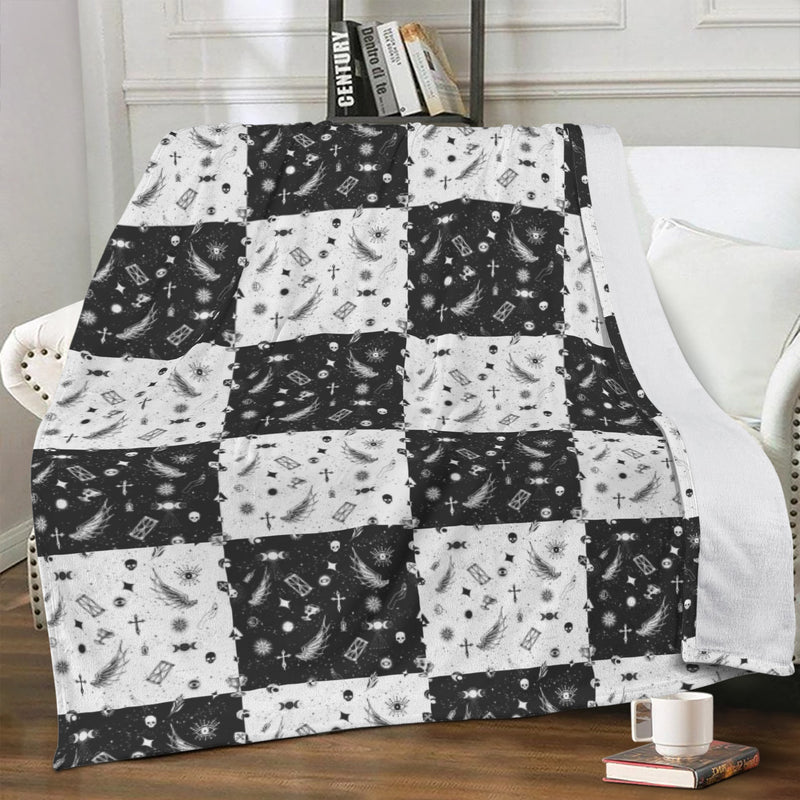 Gothic Boho Dark Academia Plush Fleece Blankets | Black and White Checkered Goth Home decor