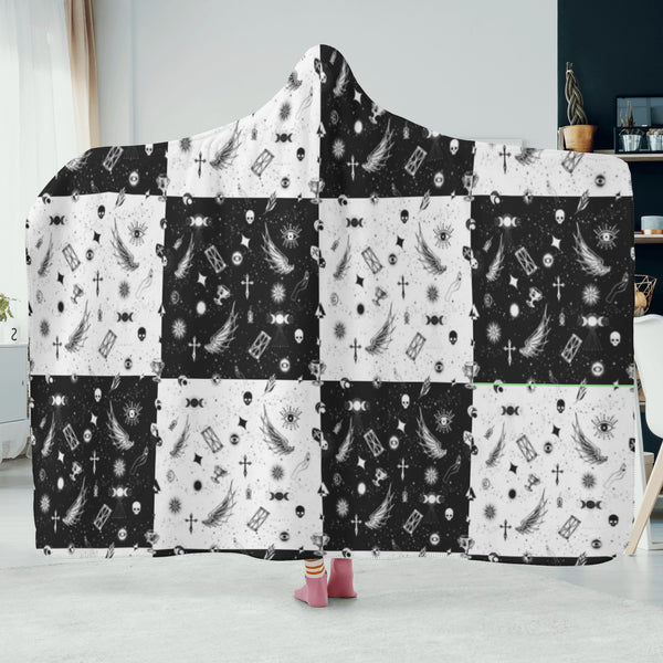Stylish and Comfortable Blanket with Hood-Occult Checkered Black and White pattern