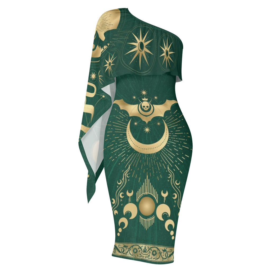 One-Shoulder Midi Dress| Knee Length | Bodycon | Sheath dress | Petite to Plus size | Cocktail or Wedding Guest-Emerald Gold