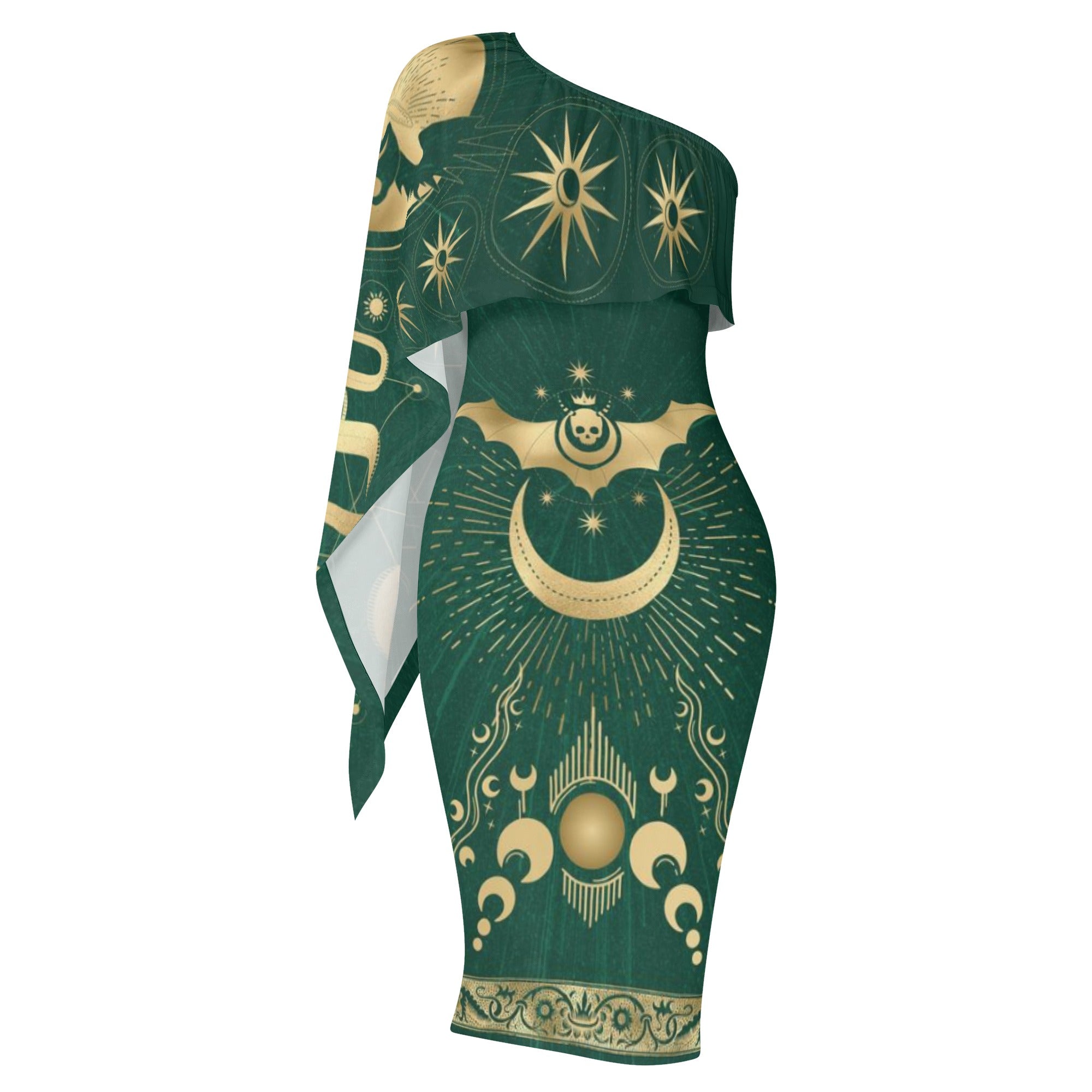 One-Shoulder Midi Dress| Knee Length | Bodycon | Sheath dress | Petite to Plus size | Cocktail or Wedding Guest-Emerald Gold